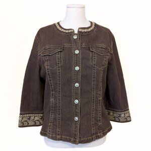 Vintage 90s Live A Little LAL Brown Denim Jacket Embroidered Snap Button Size L